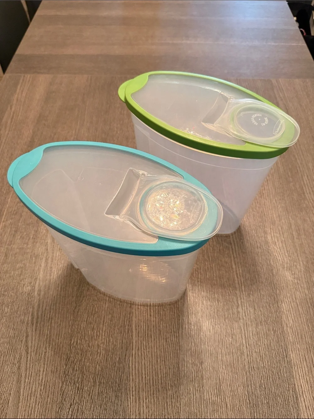 Rubbermaid Clear Dry Food Canisters with Green and Blue Flip Lids